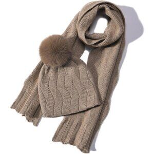 Women Hat Scarf Set Wool Blend Winter Beanie & Long Scarf Cold Weather Beige